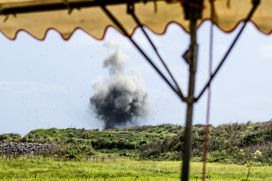 Unexploded ordnance (UXO) is disposed of on Ie Shima Training Facility (ISTF), Okinawa, Japan, April 6, 2021. Over the past five years, ordnance has been collected on Iejima and stored away. At the request of the Ie Village office mayor, the Japan Ground Self-Defense Force and Marine Corps Installations Pacific explosive ordnance disposal technicians conducted combined UXO disposal operations to destroy the collected ordnance. ISTF is the only active demolition range aboard Iejima where the operation can be conducted. (U.S. Marine Corps photo by Cpl. Terry Wong)