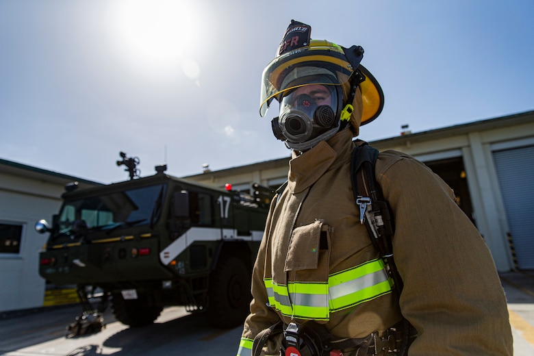 U.S. Marine Corps Lance Cpl. Thomas Diffley, an expeditionary firefighting and rescue (EFR) specialist with Headquarters and Headquarters Squadron (H&HS), Marine Corps Installations Pacific, stands by for evaluation after a bunker drill on Marine Corps Air Station Futenma, Okinawa, Japan, April 7, 2021.  EFR specialist Marines with H&HS provide aircraft rescue and firefighting services in support of airfield operations and respond to any fire-related emergencies and situations with a maximum response time of five minutes. Diffley is a native of Dallas, Texas. (U.S. Marine Corps photo by Lance Cpl. Alex Fairchild)