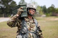 U.S. Army Reserve Spc. Daniel P. Bush Jr., a civil affairs specialist with the 418th Civil Affairs Battalion, carries ammunition during day one of the 2021 U.S. Army Civil Affairs and Psychological Operations Command (Airborne) Best Warrior Competition at Fort Jackson, S.C., April 8, 2021. The USACAPOC(A) BWC is an annual event that brings in competitors from across USACAPOC(A) to earn the title of “Best Warrior.” BWC tests the Soldiers’ individual ability to adapt and overcome challenging scenarios and battle-focused events, testing their technical and tactical skills under stress and extreme fatigue.