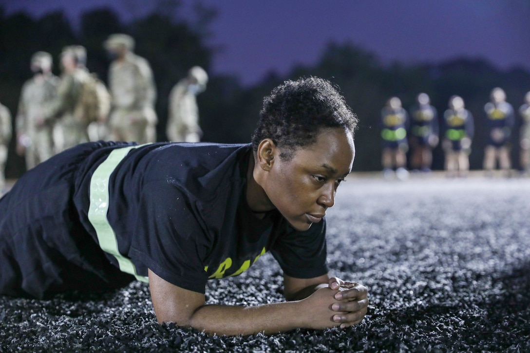 U.S. Army Reserve Staff Sgt. Valery Valtrain, 151st Theater Information Operations Group, conducts the plank alternate event while participating in the Army Combat Fitness Test conducted at Ft. Jackson, S.C. Valtrain successfuly maxed out at four minutes, 20 seconds. Valtrain is competing for the title “NCO of the Year” in the 2021 U.S. Army Civil Affairs and Psychological Operations Command (Airborne) Best Warrior Competition April 8 - 11, 2021. The USACAPOC(A) BWC is an annual competition that brings Soldiers from across the command to compete for the title of “Best Warrior.” BWC is designed to test each Soldiers’ mental and physical resilience as they adapt and overcome each scenario or task placed before them.