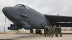 The flight crew receives a briefing at Minot Air Force Base, North Dakota, March 23, 2021. The bomber had been in mothballs for a decade at Davis-Monthan Air Force Base, Arizona. With the support of Defense Logistics Agency Aviation’s Customer Operations Directorate’s Nuclear Enterprise Customer Facing Division and DLA Aviation at Oklahoma City, Oklahoma, it is only the second B-52 to undergo regeneration, restoring it to full flight status.