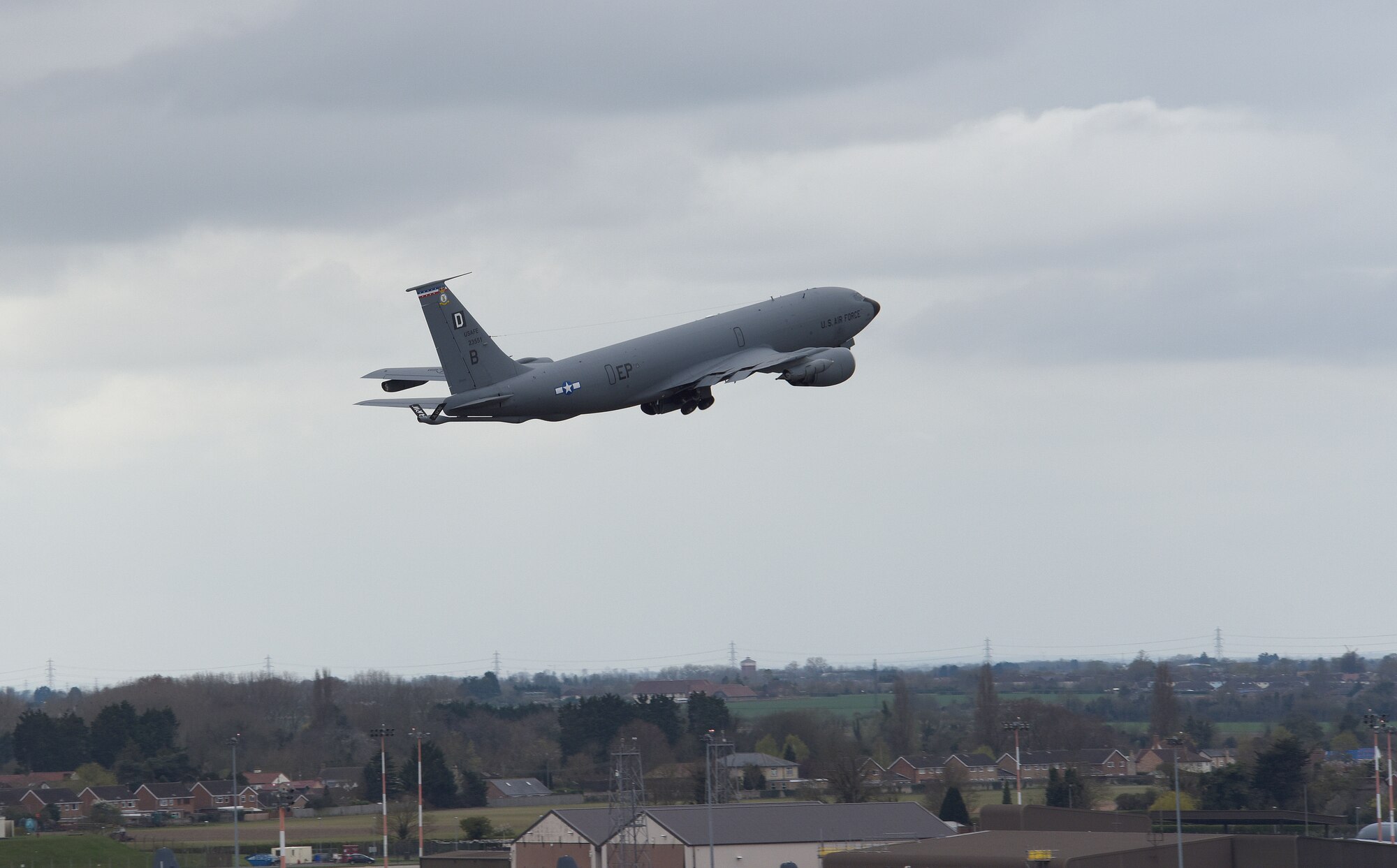 A U.S. Air Force KC-135 Stratotanker assigned to the 100th Air Refueling Wing takes off as it heads out to support exercise INIOCHOS 21 at Royal Air Force Mildenhall, England, April 9, 2021. The event is a Hellenic air force-sponsored operational and tactical-level field training exercise, hosted by the Hellenic Air Tactics Center, Andravida Air Base, Greece. In addition to U.S. and Greek participants, Canada, Cyprus, Israel, Slovenia, Spain and the United Arab Emirates are scheduled to support. (U.S. Air Force photo by Karen Abeyasekere)