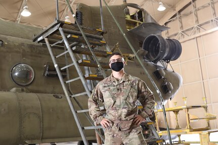 U.S. Army Spc. Angelo Brunetti, a UH-60 helicopter repairer deployed with Bravo Company, 628th Aviation Support Battalion, 28th Expeditionary Combat Aviation Brigade, recently scored 599 on the new Army Combat Fitness Test, missing a perfect score of 600 by just one second on the sprint-drag-carry event.