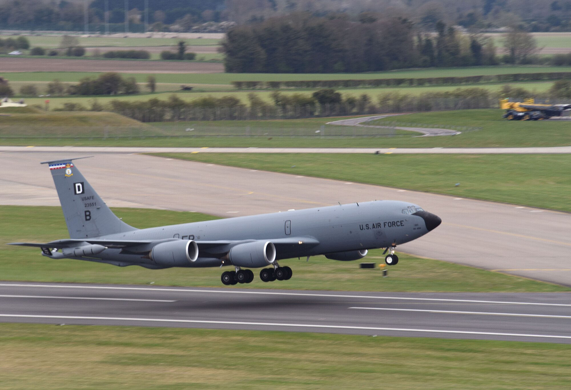 A U.S. Air Force KC-135 Stratotanker assigned to the 100th Air Refueling Wing takes off as it heads out to support exercise INIOCHOS 21 at Royal Air Force Mildenhall, England, April 9, 2021. The event is a Hellenic air force-sponsored operational and tactical-level field training exercise, hosted by the Hellenic Air Tactics Center, Andravida Air Base, Greece. Participation in multinational exercises such as INIOCHOS 21 enhances our professional relationships and improves overall coordination with allies and partner militaries during times of crisis. (U.S. Air Force photo by Karen Abeyasekere)