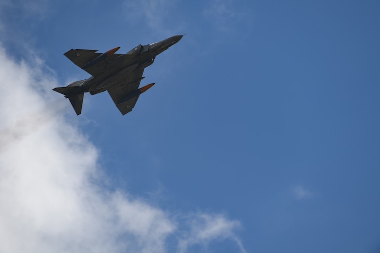 A Hellenic Air Force F-4 flies over Andravida Air Base, Greece, April 7, 2021. The Hellenic air force is leading the joint exercise INIOCHOS 21. The multinational exercise enhances the interoperability and skills of allied and partner air forces in the accomplishment of joint operations and air defenses in order to maintain joint readiness and reassure regional allies and partners. (U.S. Air Force photo by Airman 1st Class Thomas S. Keisler IV)