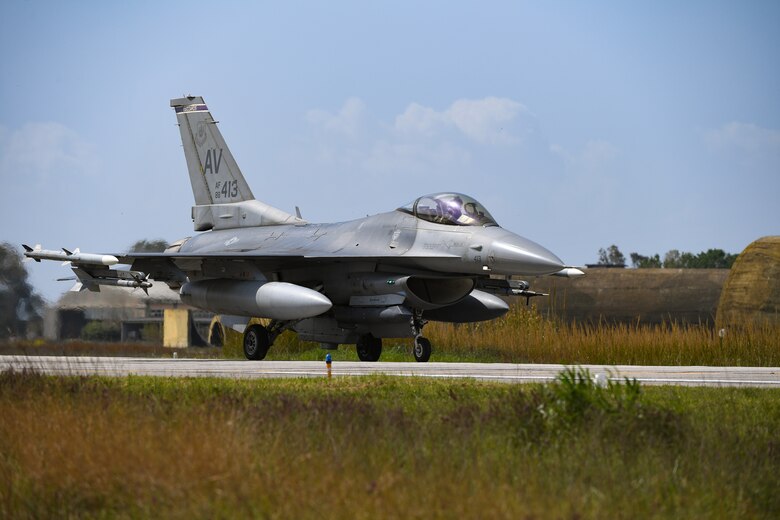 A U.S. Air Force F-16 Fighting Falcon from the 510th Fighter Squadron taxis on the flightline at Andravida Air Base, Greece, April 7, 2021. F-16s from the 31st FW arrived in Greece to participate in INIOCHOS 21, a Hellenic air force-led, large force flying exercise focused on strengthening partnerships and interoperability. (U.S. Air Force photo by Airman 1st Class Thomas S. Keisler IV)