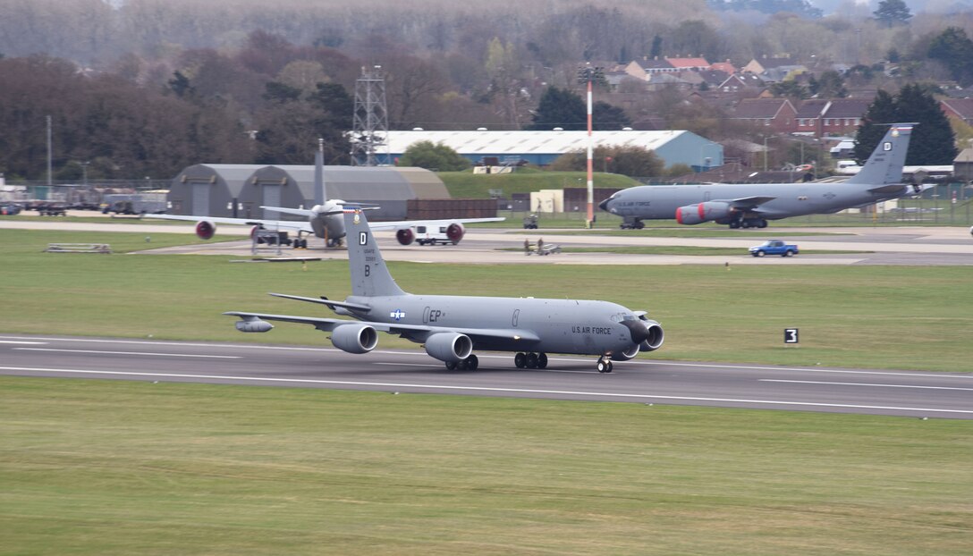 A U.S. Air Force KC-135 Stratotanker assigned to the 100th Air Refueling Wing takes off as it heads out to support exercise INIOCHOS 21 at Royal Air Force Mildenhall, England, April 9, 2021. The event is a Hellenic air force-sponsored operational and tactical-level field training exercise, hosted by the Hellenic Air Tactics Center, Andravida Air Base, Greece. The exercise aims to enhance combat readiness and fighting capability, while providing participants the opportunity to develop capabilities planning and conduct complex operations in a multinational, joint-force environment. (U.S. Air Force photo by Karen Abeyasekere)