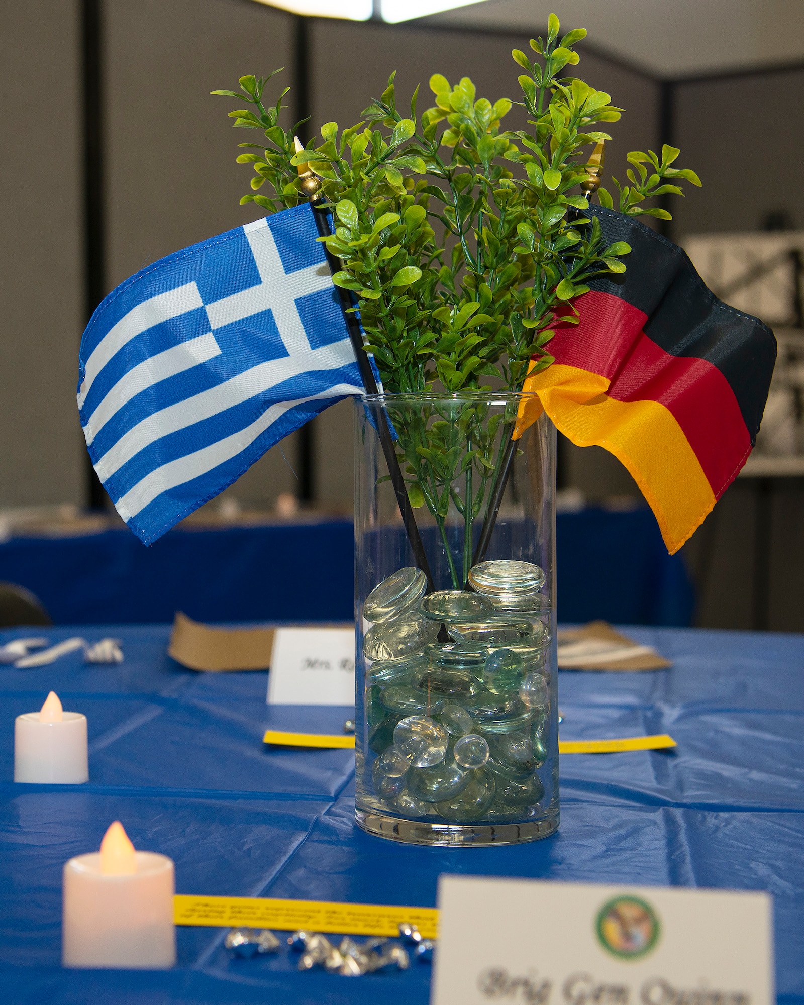 Greek and German flags are displayed at a Holocaust Memorial at MacDill Air Force Base, Fla., April 8, 2021.