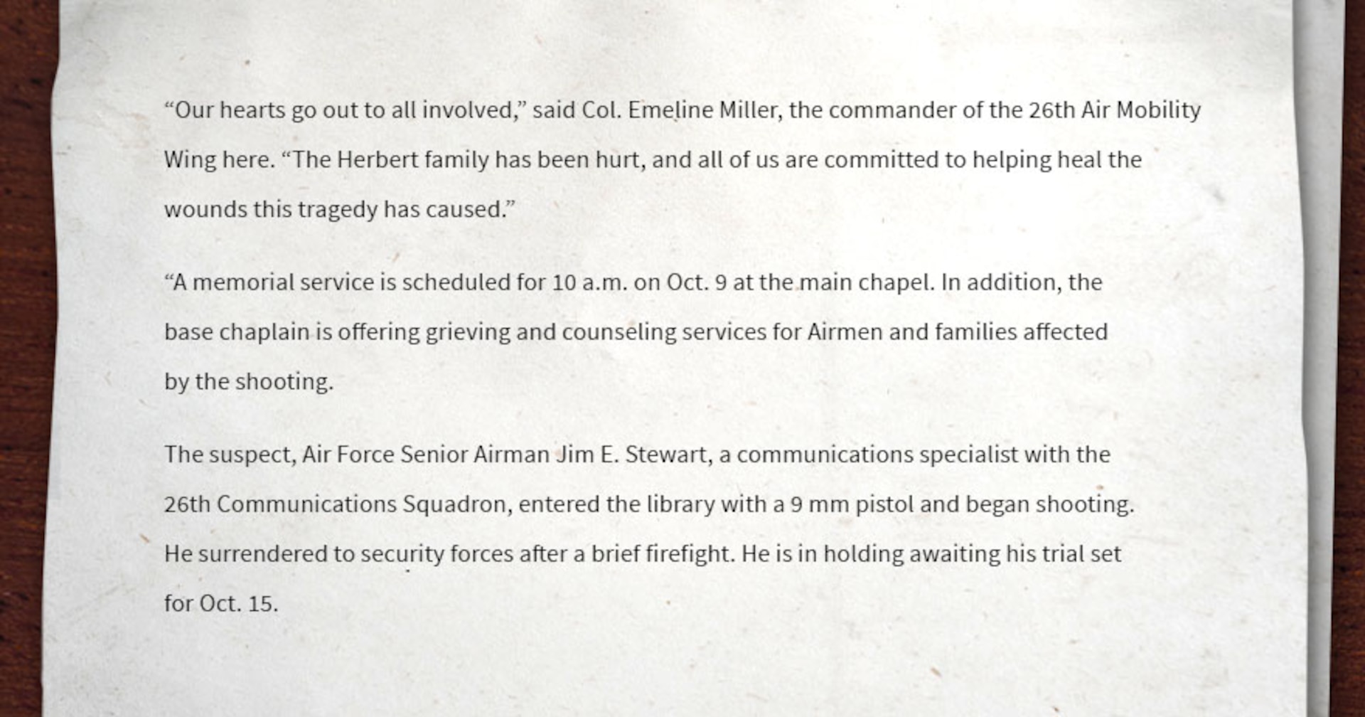 Image of miscellaneous text that provides a quote from the commander, the day and time of the memorial service and information on the suspect.