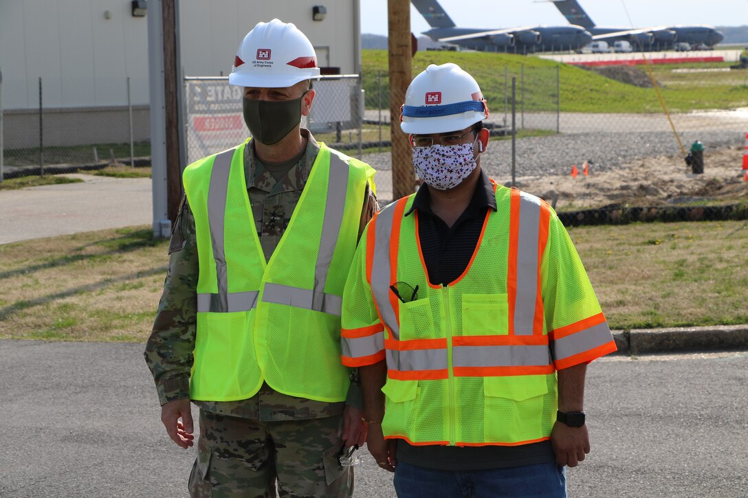 LTG Scott A. Spellmon, 55th Chief of Engineers and Commanding General of the U.S. Army Corps of Engineers (left) recognized USACE Philadelphia District Project Engineer Rohan Patel during a visit to Dover Air Force Base, DE on April 7, 2021.
