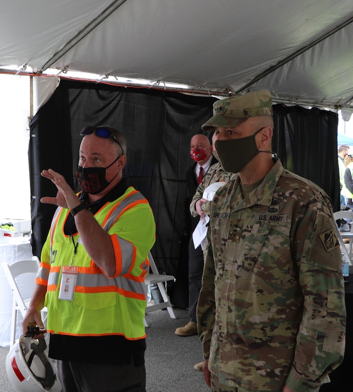 Steve England, a hydraulic engineer for the USACE Philadelphia District, discusses scheduling associated with the Chambers Works FUSRAP project with Lt. Gen. Scott A. Spellmon, the 55th Chief of Engineers and Commanding General of the U.S. Army Corps of Engineers.