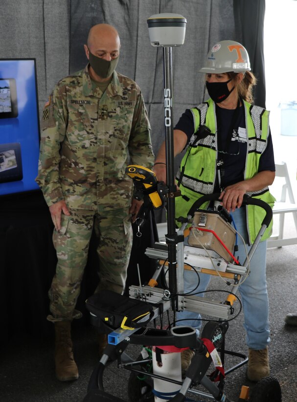 Patty Thompson, a Senior Health Physics Technician with Sevenson Environmental Services Inc., explains one of the high resolution site characterization tools developed for the Chambers Works FUSRAP project to Lt. Gen. Scott A. Spellmon, the 55th Chief of Engineers and Commanding General of the U.S. Army Corps of Engineers during an April 7, 2021 visit.