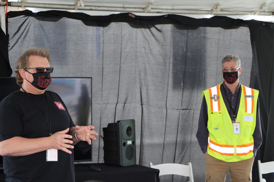 George Bock (left), a Project Manager for the USACE Philadelphia District and Dan Sirkis, Subject Matter Expert for the USACE Philadelphia District (right), brief Lt. Gen. Scott A. Spellmon, the 55th Chief of Engineers and Commanding General of the U.S. Army Corps of Engineers, about aspects of the Chambers Works FUSRAP site in Deepwater, NJ during an April 7, 2021 visit.