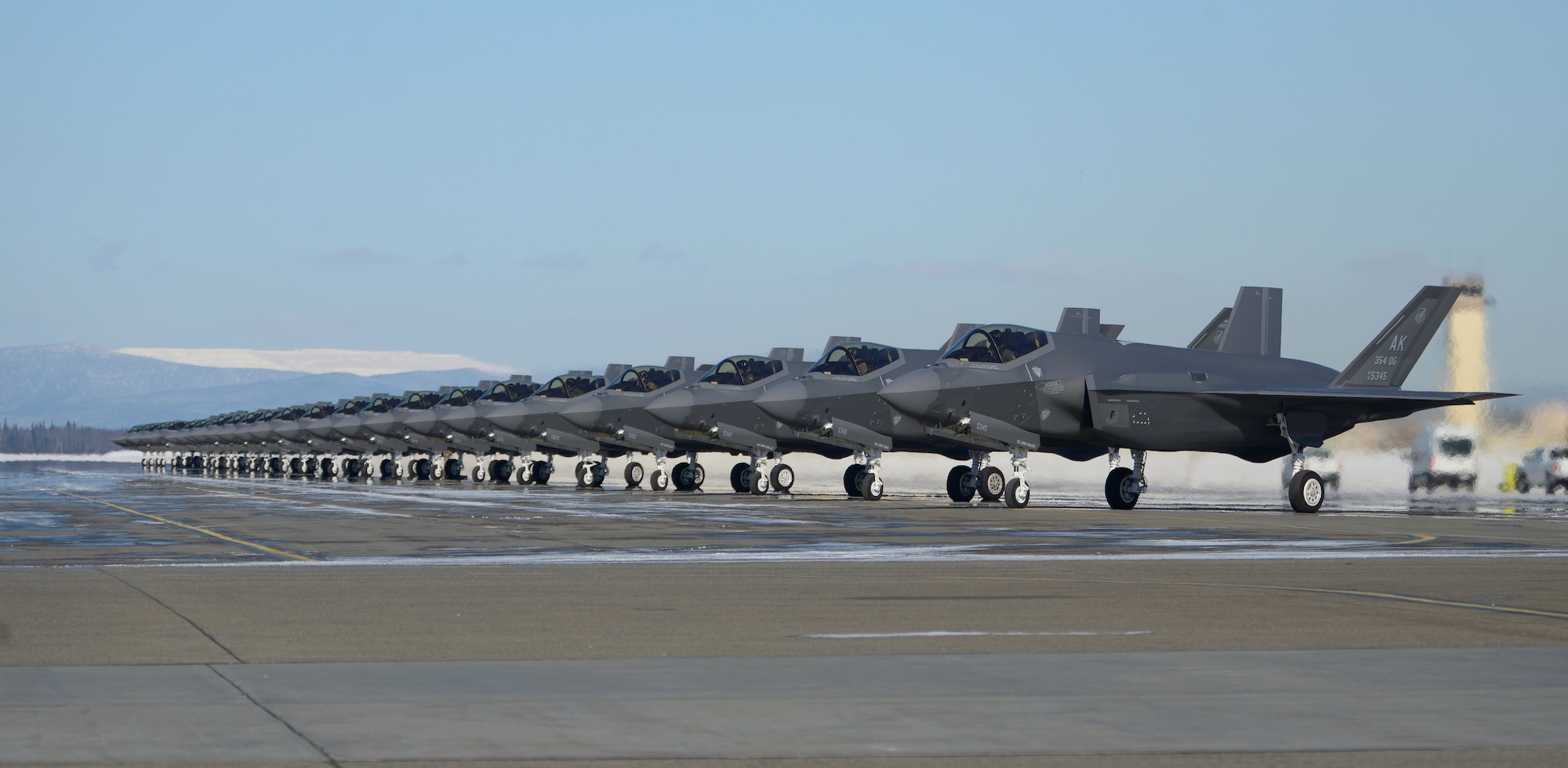 Twenty-five F-35A Lightning IIs assigned to the 354th Fighter Wing prepare to launch during Arctic Gold 21-2 April 7, 2021, on Eielson Air Force Base, Alaska. This exercise will evaluate the 354th Fighter Wing’s ability to effectively generate F-35A Lightning II aircraft and deploy personnel and cargo from across the wing. (U.S. Air Force photo by Senior Airman Beaux Hebert)