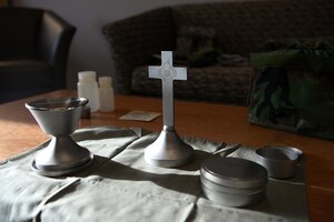 Gear from a Chaplain deployment kit is layed out April 8, 2021, on Eielson Air Force Base, Alaska. The 354th Fighter Wing is participating in Arctic Gold 21-2, a readiness exercise designed to evaluate if the wing can rapidly deploy F-35A Lightning II assets and supporting personnel. (U.S. Air Force photo by Senior Airman Beaux Hebert)