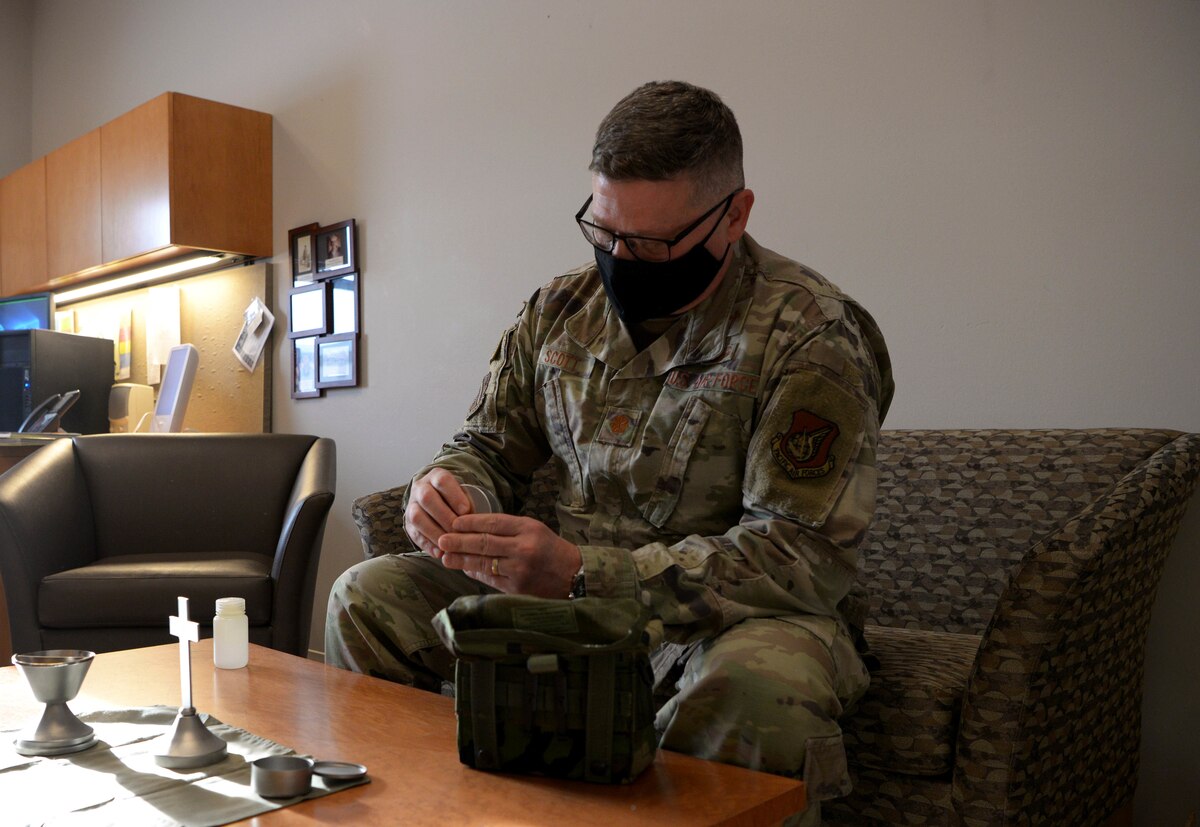 U.S. Air Force Chaplain (Maj.) Jeffery Scott, the 354th Fighter Wing (FW) deputy wing chaplain, packs a deployment kit during Arctic Gold 21-2 April 8, 2021, on Eielson Air Force Base, Alaska. During AG 21-2, Airmen will be practicing Agile Combat Employment capabilities which will allow them to work dislocated operations and still be able to generate F-35A Lightning II aircraft. (U.S. Air Force photo by Senior Airman Beaux Hebert)