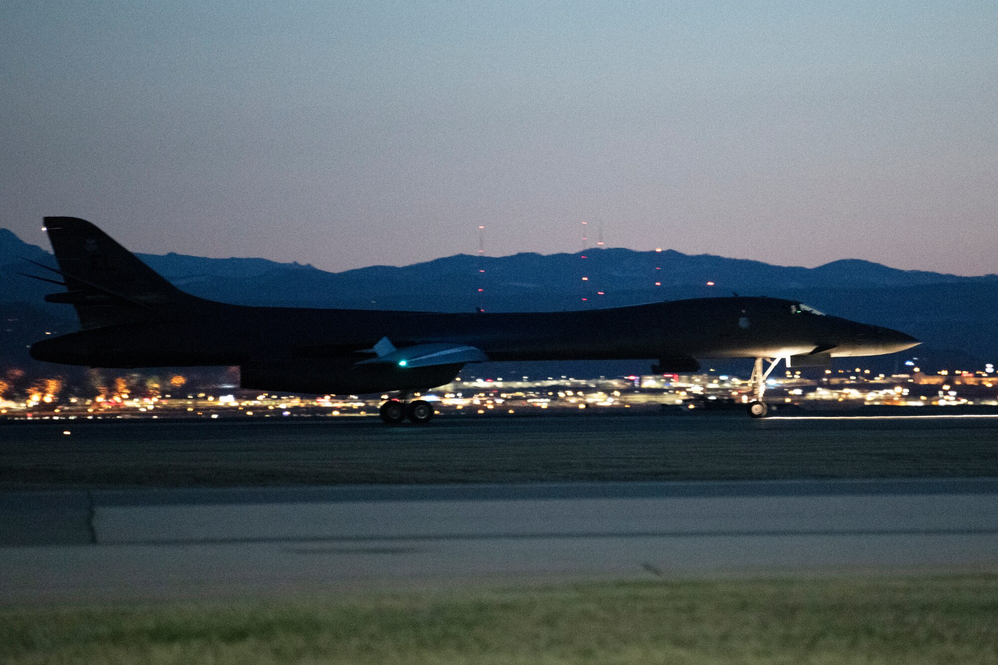 A B-1B Lancer taxis down the runway at Ellsworth Air Force Base, S.D., after completing a Bomber Task Force mission, April 7, 2021.