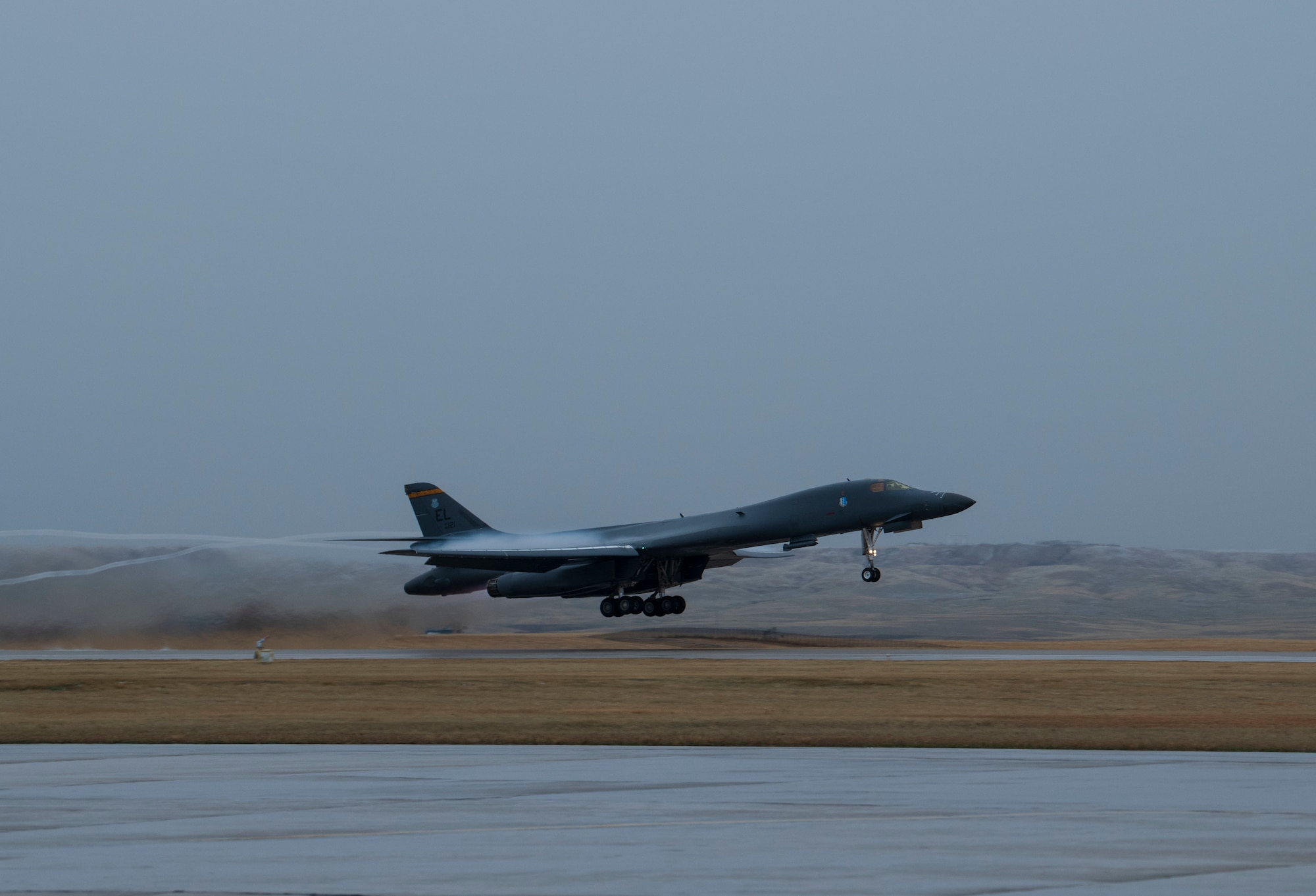 A B-1B Lancer takes off in support of a Bomber Task Force mission at Ellsworth Air Force Base, S.D., April 6, 2021.