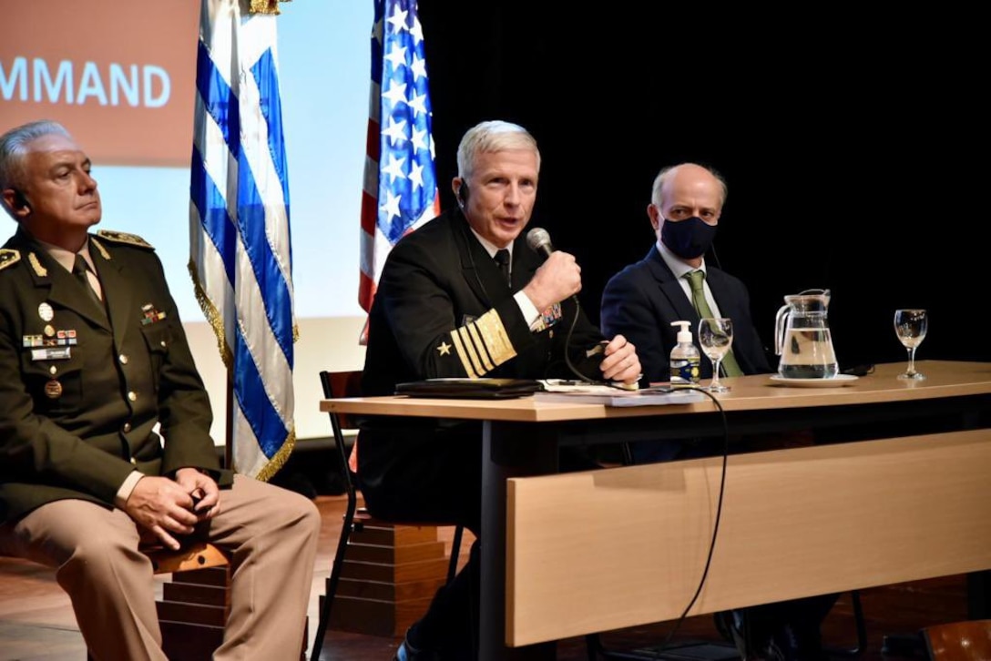 U.S. Southern Command’s commander, Navy Adm. Craig Faller, speaks during a roundtable discussion with Uruguayan military personnel who have received training in the United States.