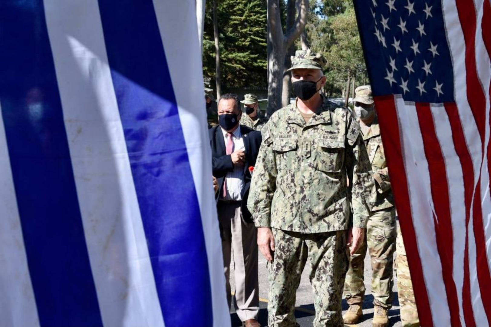 U.S. Southern Command’s commander, Navy Adm. Craig Faller, at a Uruguayan military facility prior to a briefing on helicopter parts and equipment donated by the United States to the Uruguayan military.