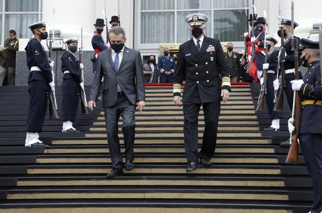 U.S. Southern Command’s commander, Navy Adm. Craig Faller, and Argentine Minister of Defense Agustin Rossi depart the Libertador Building following a bilateral meeting with senior defense leaders to discuss security cooperation.