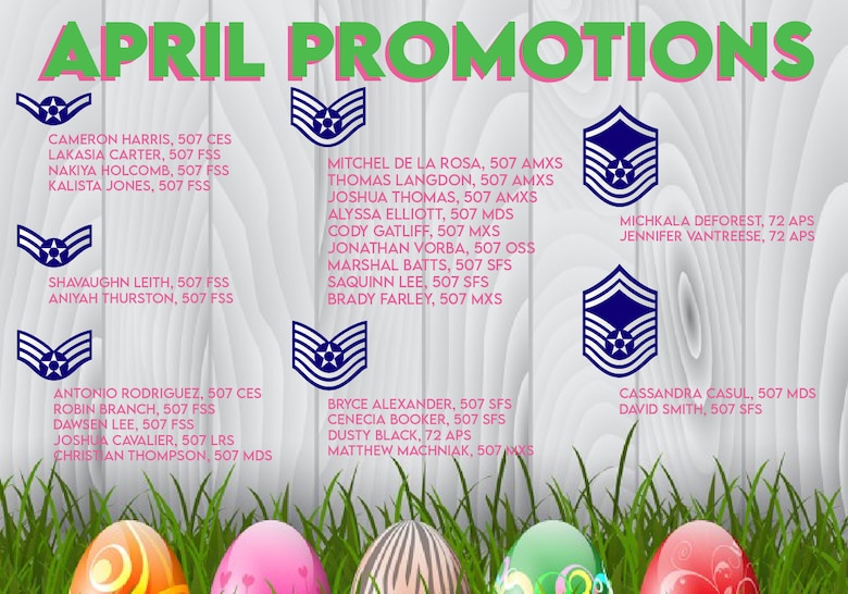 The April nlisted Promotions graphic from the 507th Air Refueling Wing at Tinker Air Force Base, Oklahoma. (U.S. Air Force graphic by Senior Airman Mary Begy)