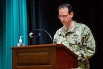 MANAMA, Bahrain (Apr. 8, 2021) – Capt. Eric Rozek, a St. Paul, Minnesota, native, and incoming Commodore of Commander, Submarine Squadron (CSS) 21 addresses his staff at a change of command ceremony. CSS-21 is responsible for bringing theater support to deployed units, allowing for better coordination in submarine operational, logistics, and maintenance support, and providing oversight on submarine training and exercises to support theater operations. (U.S. Navy photo by Mass Communication Specialist 2nd Class Jordan Crouch)