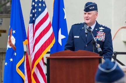 Lt. Gen. Brad Webb, commander of Air Education and Training Command, gives remarks during the Wilson Hall dedication ceremony at Joint Base San Antonio-Randolph April 9.