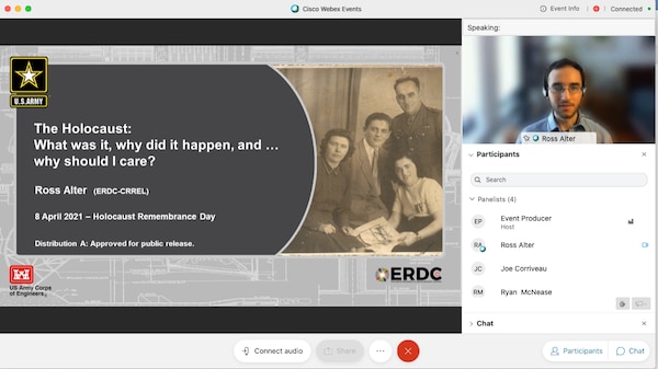 Ross Alter, a research meteorologist at the U.S. Army Engineer Research and Development Center’s Cold Regions Research and Engineering Laboratory, spoke virtually at an event April 8, 2021, in honor of Holocaust Remembrance Day. Alter’s paternal grandfather, pictured in the PowerPoint image, was liberated at the age of 17 from Auschwitz- Birkenau, the largest concentration and extermination camp, where more than 1.1 million men, women and children were killed during the Holocaust. (U.S. Army Corps of Engineers photo by Mary Margaret Edney)
