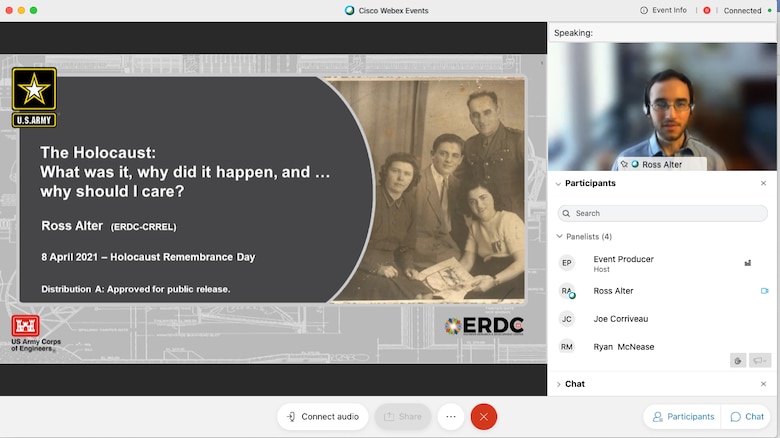 Ross Alter, a research meteorologist at the U.S. Army Engineer Research and Development Center’s Cold Regions Research and Engineering Laboratory, spoke virtually at an event April 8, 2021, in honor of Holocaust Remembrance Day. Alter’s paternal grandfather, pictured in the PowerPoint image, was liberated at the age of 17 from Auschwitz- Birkenau, the largest concentration and extermination camp, where more than 1.1 million men, women and children were killed during the Holocaust. (U.S. Army Corps of Engineers photo by Mary Margaret Edney)