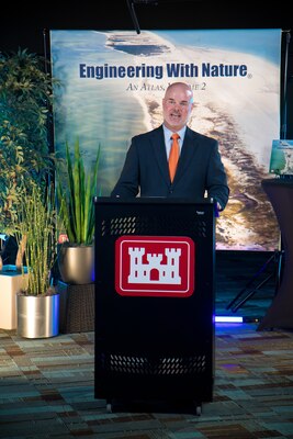 Dr. Todd Bridges, national lead of the U.S. Army Corps of Engineers Engineering With Nature (EWN) program, opens the virtual international Book Launch Event at the U.S. Army Engineer Research and Development Center in Vicksburg, Mississippi, April 7, 2021, by welcoming virtual attendees. The event celebrated the release of Engineering With Nature, an Atlas, Volume 2, with the public, and included speakers from a range of U.S. and overseas partner organizations conveying a shared goal for expanding EWN practices globally through collaboration.