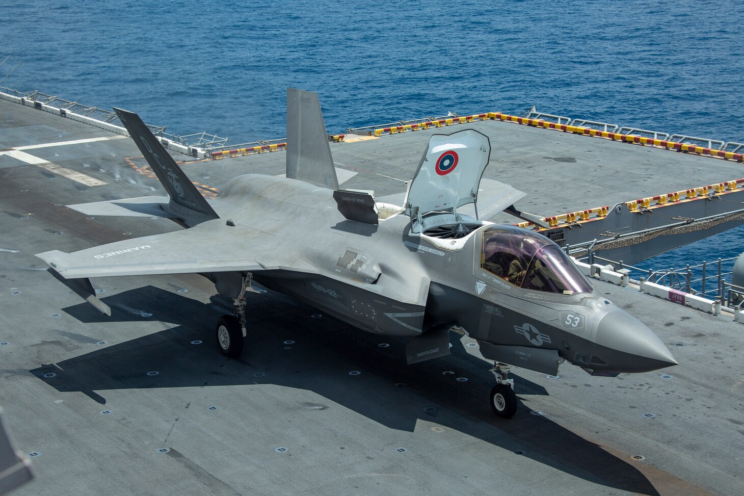 A U.S. Marine Corps F-35B Lightning II assigned to Marine Medium Tiltrotor Squadron 164 (Reinforced), 15th Marine Expeditionary Unit, takes off from the flight deck of the amphibious assault ship USS Makin Island (LHD 8). The Makin Island Amphibious Ready Group and embarked 15th MEU are operating in the U.S. 7th Fleet area of operations to enhance interoperability with allies and partners and serve as a ready response force to defend peace and stability in the Indo-Pacific region.