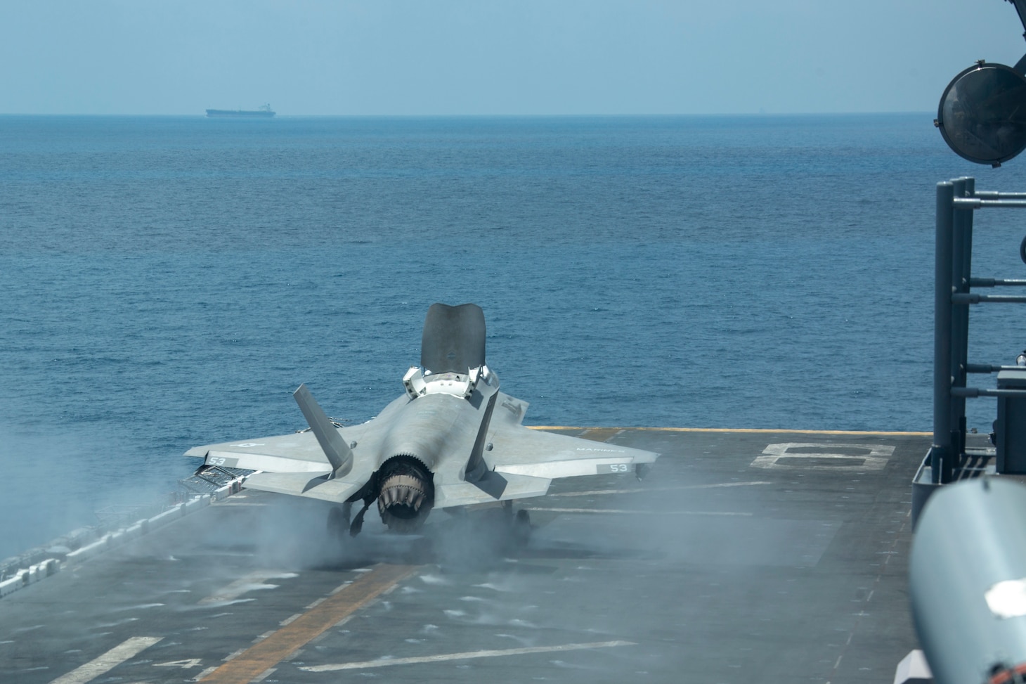 A U.S. Marine Corps F-35B Lightning II assigned to Marine Medium Tiltrotor Squadron 164 (Reinforced), 15th Marine Expeditionary Unit, takes off from the flight deck of the amphibious assault ship USS Makin Island (LHD 8). The Makin Island Amphibious Ready Group and embarked 15th MEU are operating in the U.S. 7th Fleet area of operations to enhance interoperability with allies and partners and serve as a ready response force to defend peace and stability in the Indo-Pacific region.