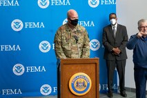 Brig. Gen. Edwards S. Little Jr., assistant adjutant general for the Pa. National Guard, who is serving as the dual status commander for the two vaccinations centers in Philadelphia, delivers remarks during a press conference at the Esperanza Community Vaccination Center in Philadelphia on April 9, 2021.
