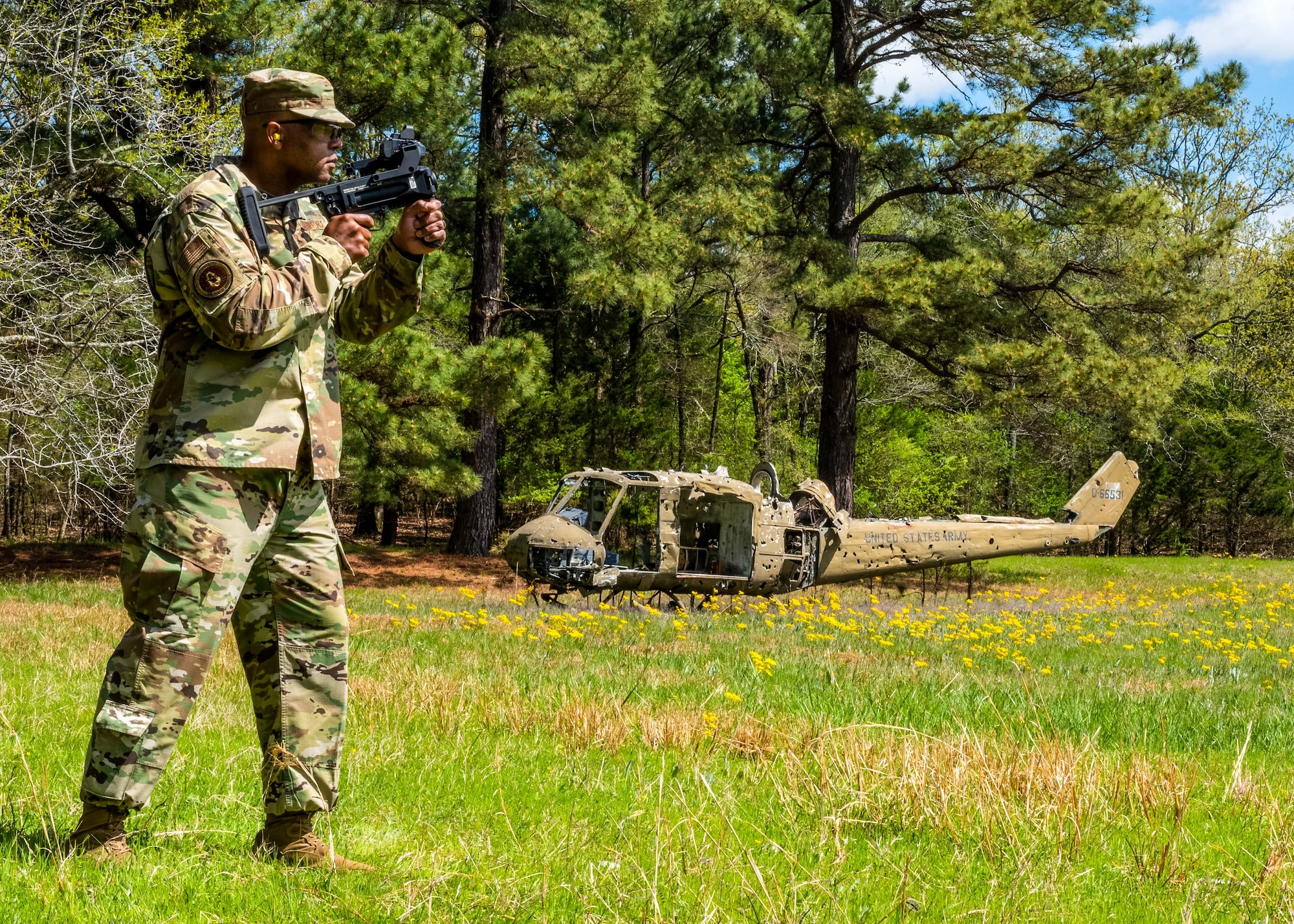 Chief Master Sgt. Timothy C. White Jr., Command Chief Master Sergeant of Air Force Reserve Command, was able to test out an M320 grenade launcher module while visiting the installation’s combat arms training and maintenance personnel, April 10, 2021, Little Rock Air Force Base, Arkansas. During the visit Reserve Citizen Airmen highlighted the 913th Airlift Group and how they integrate training with the installation partners. (U.S. Air Force photo by Maj. Ashley Walker)