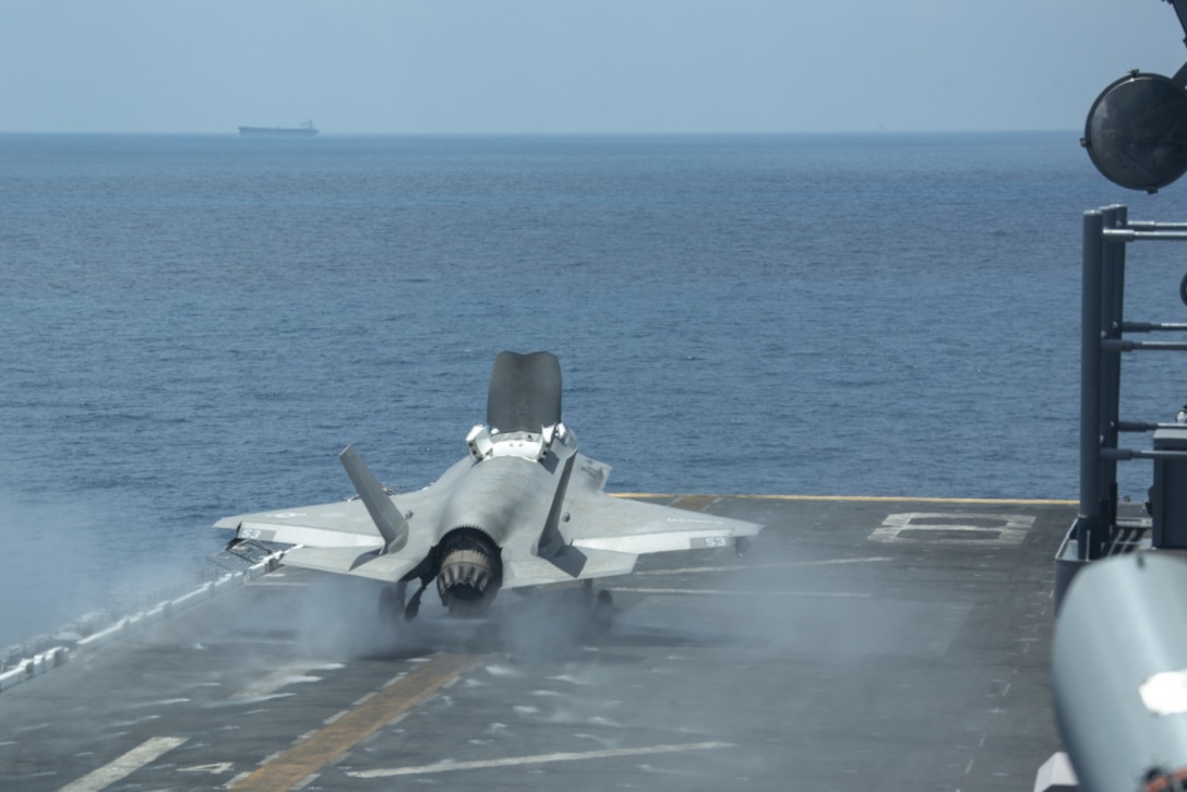 210408-M-UY835-1017 SOUTH CHINA SEA (April 8, 2021) – A U.S. Marine Corps F-35B Lightning II assigned to Marine Medium Tiltrotor Squadron 164 (Reinforced), 15th Marine Expeditionary Unit, takes off from the flight deck of the amphibious assault ship USS Makin Island (LHD 8). The Makin Island Amphibious Ready Group and embarked 15th MEU are operating in the U.S. 7th Fleet area of operations to enhance interoperability with allies and partners and serve as a ready response force to defend peace and stability in the Indo-Pacific region. (U.S. Marine Corps photo by Cpl. Patrick Crosley)