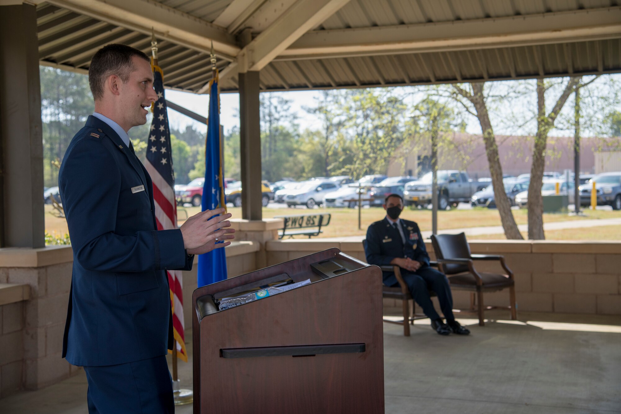 Capt. Grant J. Talkington, 5th Operational Weather Flight commander at Shaw Air Force Base, S.C., adresses his flight as Col. Stuart M. Rubio, 403rd operations group commander at Keesler Air Force Base, Miss., looks on during an assumption of command ceremony at the 28th Operational Weather Squadron at Shaw Air Force Base, S.C. April 9, 2021. The 5th OWF conists of 24 military and civilian personnel providing weather support to four different major commands.(U.S. Air Force photo by Staff Sgt. Kristen Pittman)