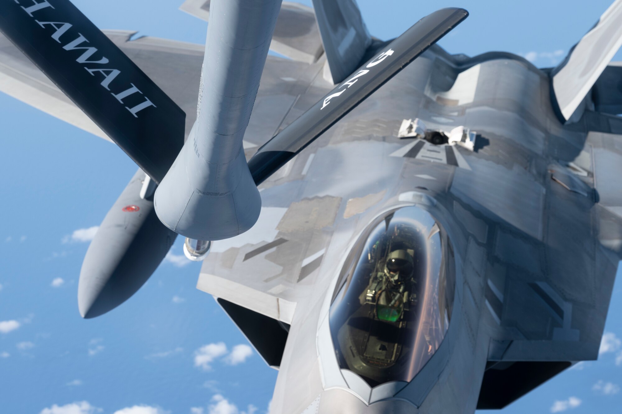 A Hawaii Air National Guard F-22 Raptor receives fuel from a KC-135 Stratotanker from the 203rd Air Refueling Squadron March 10, 2021, near Oahu, Hawaii.