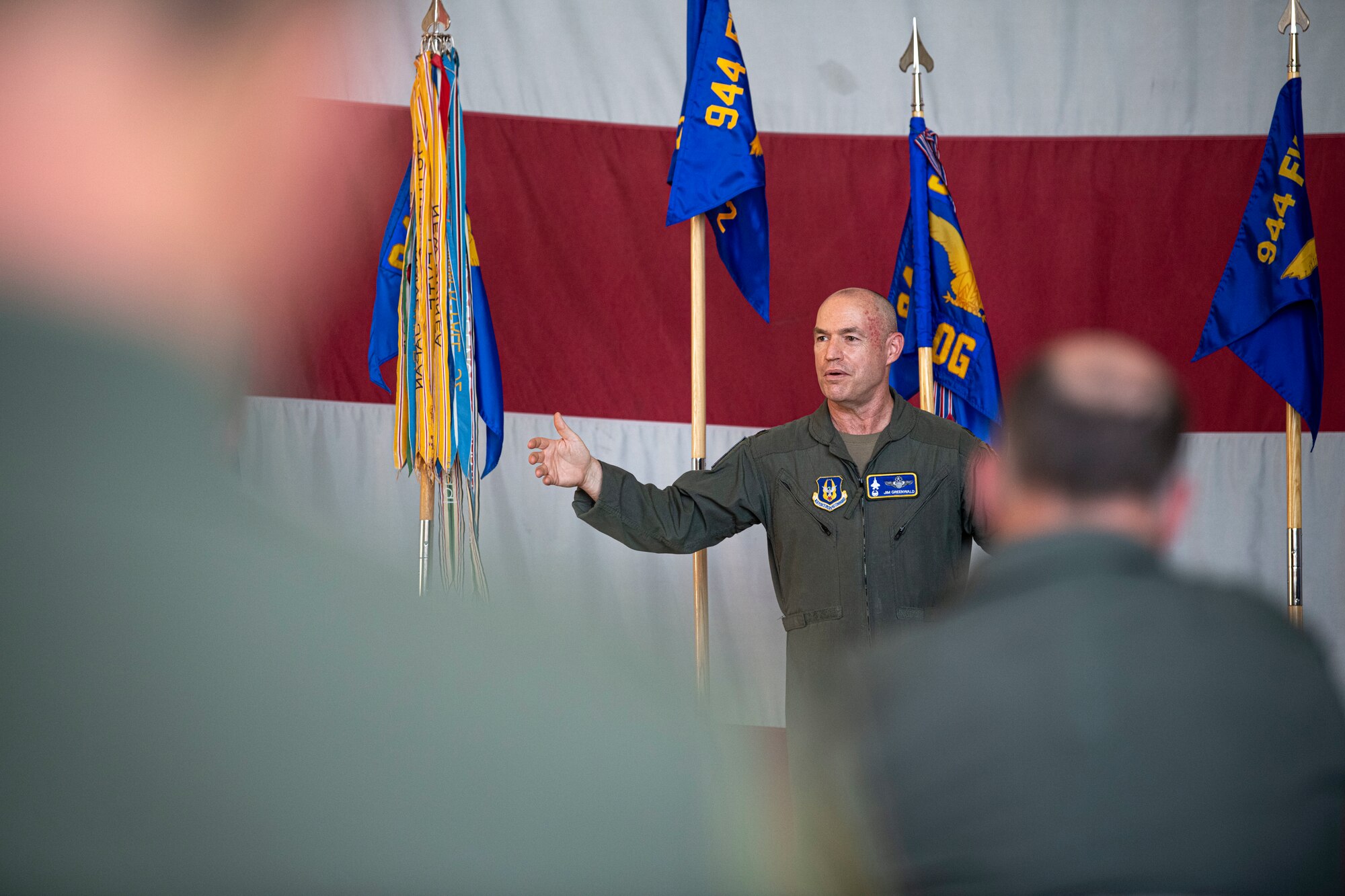 Col. James Greenwald, Commander of the 944th Fighter Wing, give his remarks to the newest group of Honorary Commanders on Luke Air Force Base, Arizona, April 10, 2021. The 944th FW inducted the 2021-2023 class of Honorary Commanders as part of the wing’s ongoing community outreach program.