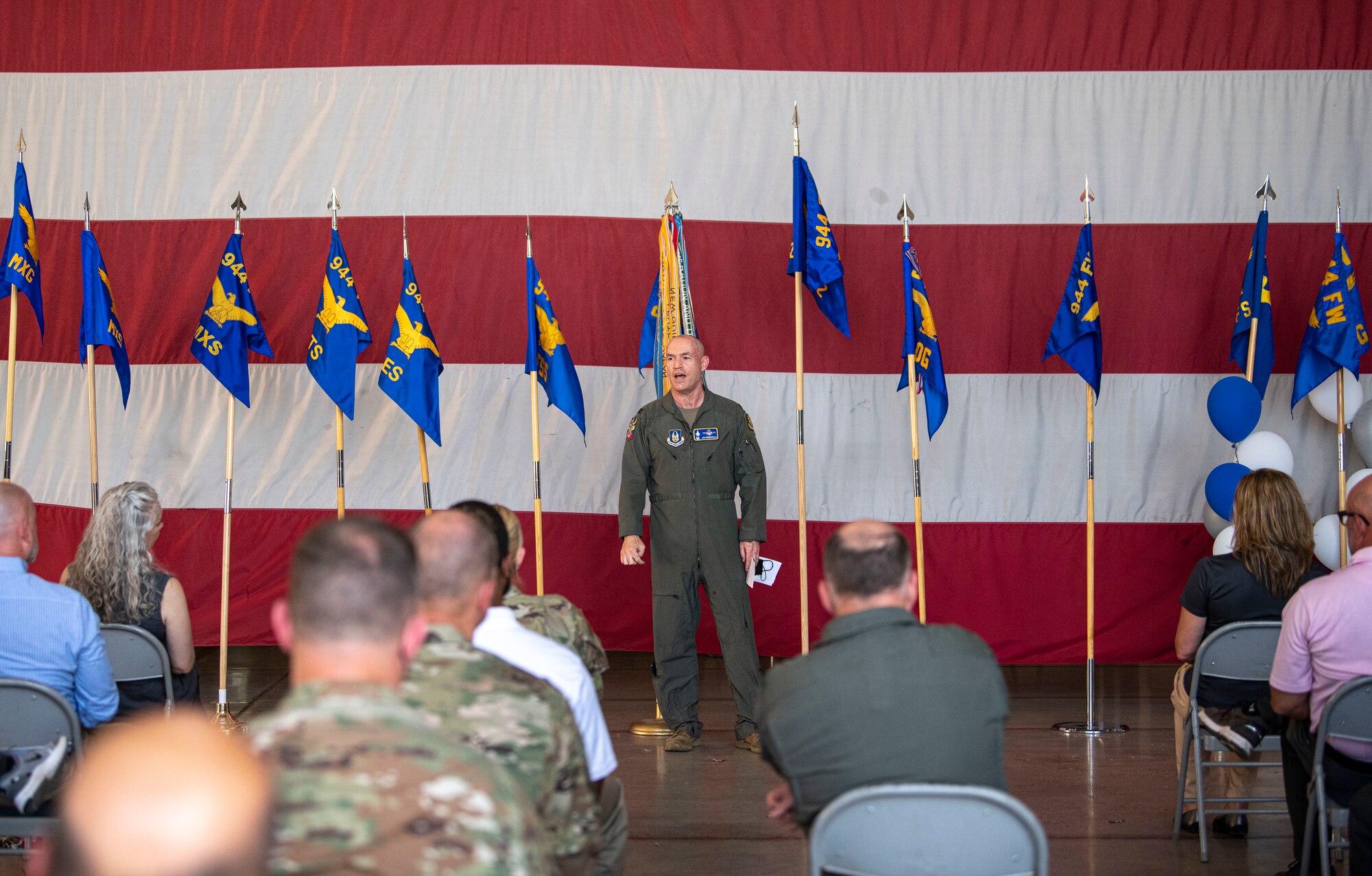 Col. James Greenwald, Commander of the 944th Fighter Wing, give his remarks to the newest group of Honorary Commanders on Luke Air Force Base, Arizona, April 10, 2021. The 944th FW inducted the 2021-2023 class of Honorary Commanders as part of the wing’s ongoing community outreach program.