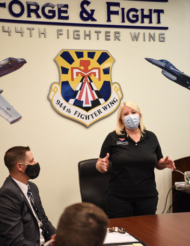 U.S. Representative Debbie Lesko, Arizona district 8, speaks with honorary commanders during her visit to Luke Air Force Base, Arizona, April 10. During her visit, the congresswoman met Reserve Citizen Airmen throughout the 944th Fighter Wing as well as children participating in this year’s Operation Reserve Kids event.