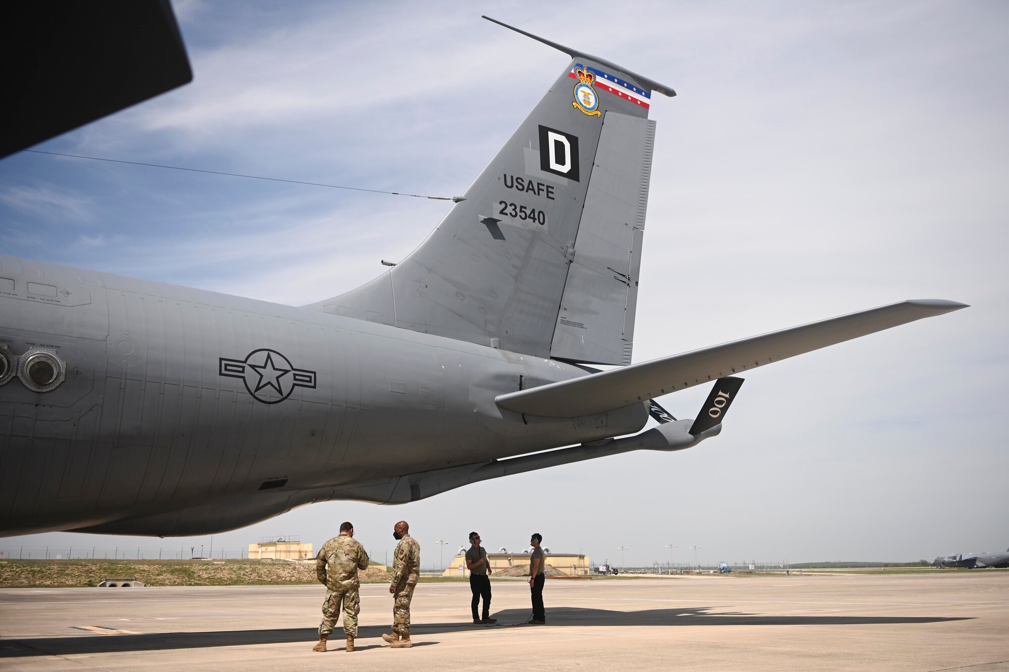 U.S. Airmen assigned to the 100th Air Refueling Wing prepare a KC-135 Stratotanker aircraft for a Bomber Task Force mission at Morón Air Base, Spain, April 7, 2021. Exercising elements of agile combat employment enables U.S. forces in Europe to operate from locations with varying levels of capacity and support, ensuring Airmen and aircrews are postured to deliver lethal combat power across the spectrum of military operations. (U.S. Air Force photo by Senior Airman Joseph Barron)