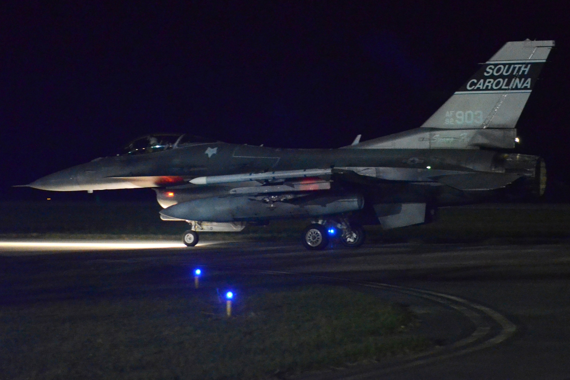 U.S. Air Force F-16 Fighting Falcon jets, assigned to the South Carolina Air National Guard’s 169th Fighter Wing, prepare to depart McEntire Joint National Guard Base, South Carolina, to support an Air Expeditionary Force deployment to Prince Sultan Air Base Saudi Arabia, April 12, 2021. The 169th Fighter Wing will support U.S. Central Command (CENTCOM) by preserving operational depth, staging joint forces and projecting overwhelming combat power in the region. This is the wing’s largest deployment since the summer of 2018 when they supported an Air Expeditionary Force rotation to Kuwait. (U.S. Air National Guard photo by Lt. Col. Jim St.Clair, 169th Fighter Wing Public Affairs)