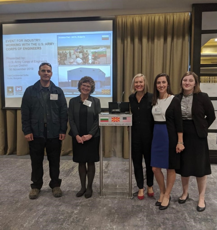 Attorney Leslie Reed, second from the left, and other teammates from the U.S. Army Corps of Engineers, Europe District pose at a contractor outreach event on November 6, 2019 in Bulgaria geared toward educating contractors about working with the U.S. Army Corps of Engineers. Reed said the increased engagement with the contracting community is one of the things she finds enjoyable about working as an attorney overseas with the Europe District. (Courtesy Photo)