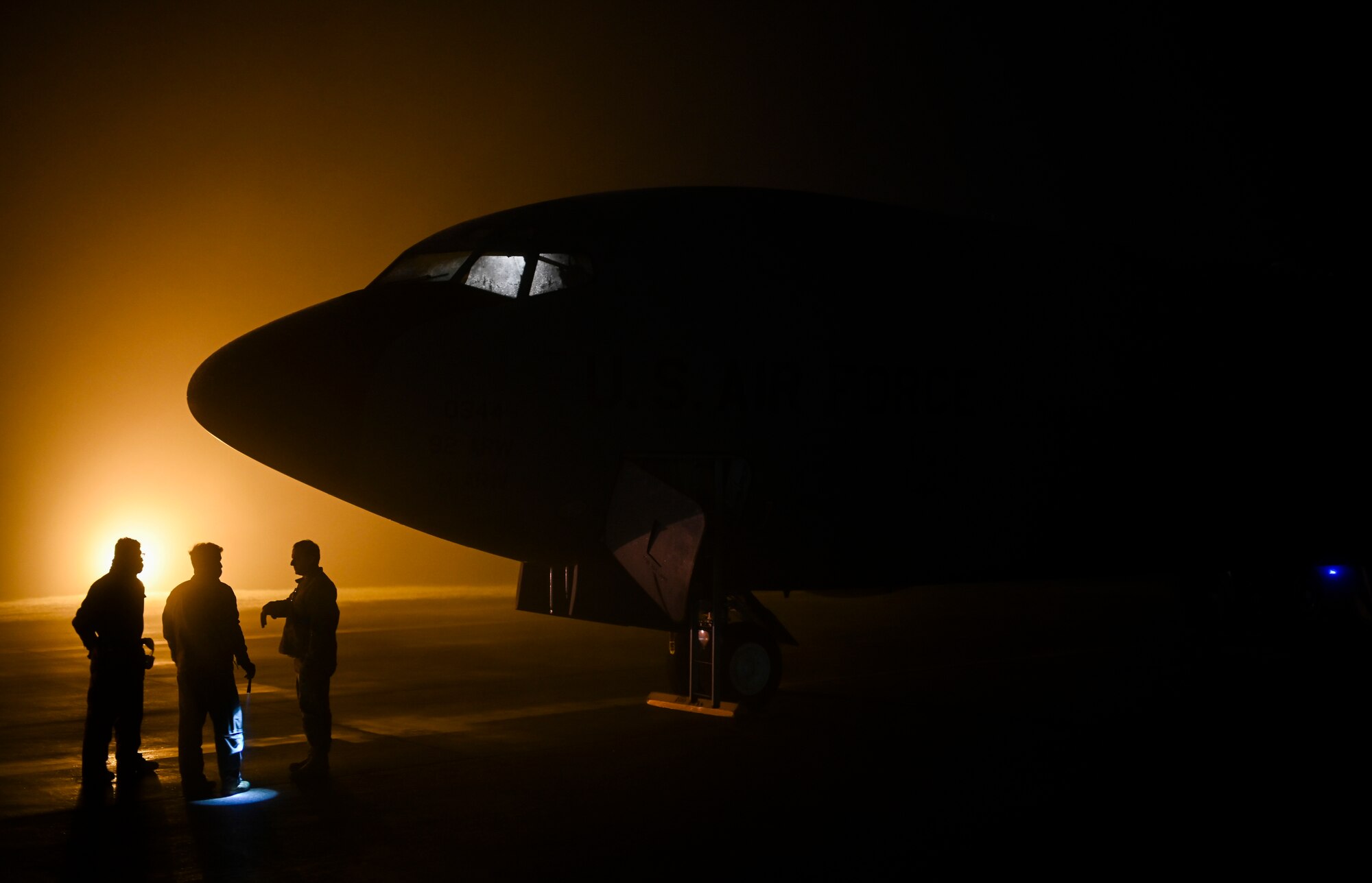 U.S. Airmen assigned to the 351st Air Refueling Squadron and the 100th Aircraft Maintenance Squadron prepare to inspect a KC-135 Stratotanker aircraft prior to a flight supporting a Bomber Task Force mission at Royal Air Force Mildenhall, England, April 12, 2021. Strategic bomber missions familiarize aircrew with air bases and operations in different geographic combatant commands’ areas of operation. (U.S. Air Force photo by Tech. Sgt. Emerson Nuñez)
