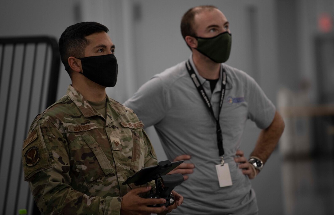 U.S. Air Force Staff Sgt. Aaron Chavez, a structural craftsman with the 1st Special Operations Civil Engineer Squadron, flies an unmanned aircraft system at the FieldWerx Makerspace in Fort Walton Beach, Florida, April 6, 2021.