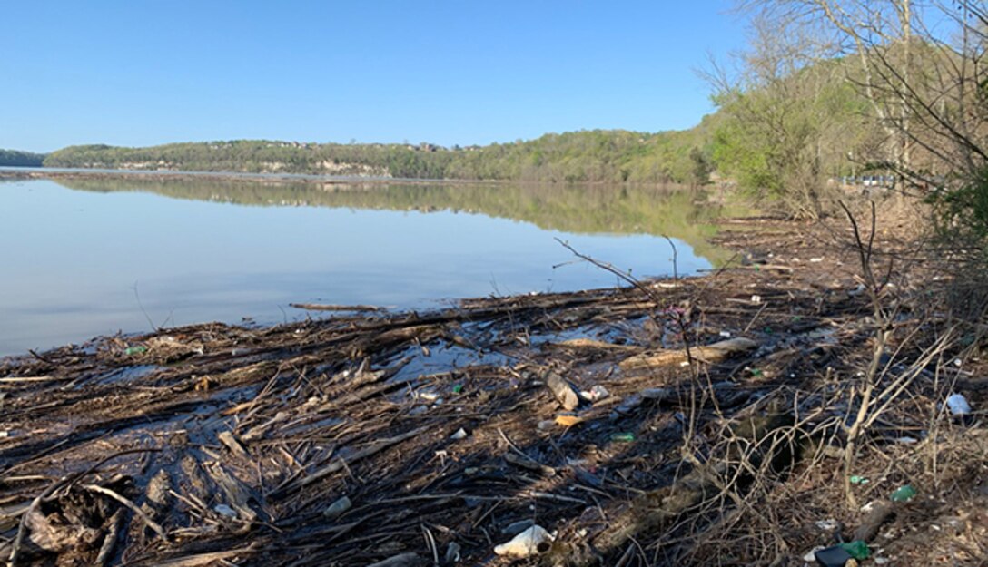 The U.S. Army Corps of Engineers Nashville District invites the public to participate in Operation Beautification around the entire Lake Cumberland Saturday, April 24, 2021. This is debris and trash on the shoreline of Waitsboro Recreation Area April 12, 2021 in Somerset, Kentucky. (USACE photo by Cody Hensley)