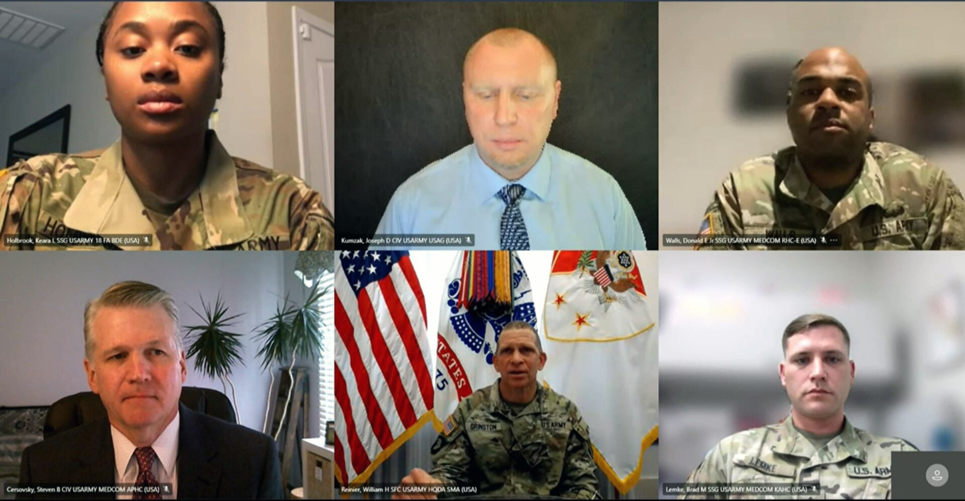 Sgt. Maj. of the Army Michael A. Grinston (bottom center) and Dr. Steven Cersovsky (bottom left), deputy director of the Army Public Health Center, engage in an open conversation with three Soldiers about their decision to whether or not be vaccinated April 8, 2021.