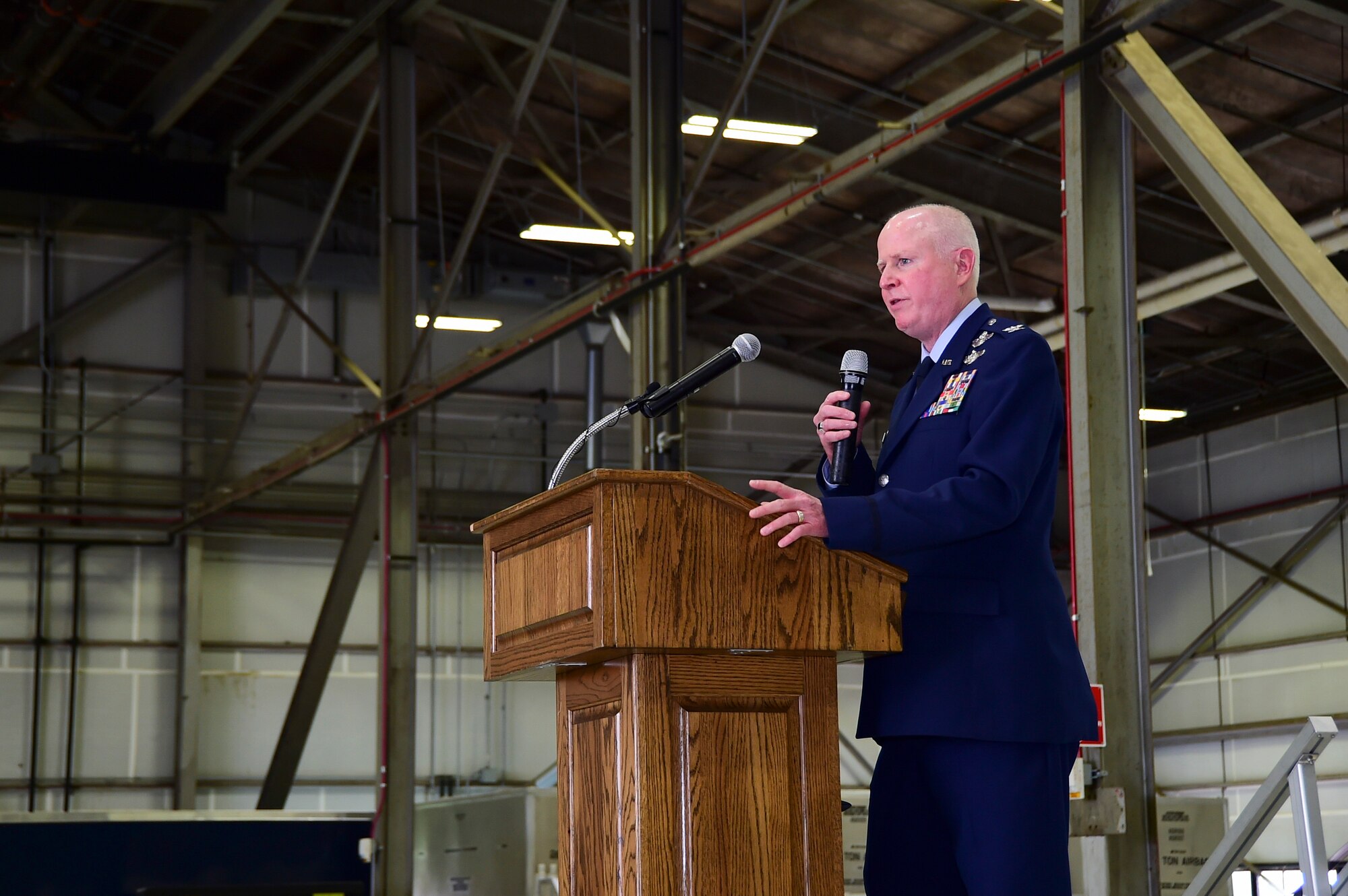 Col. Thomas O. Pemberton, 434th Air Refueling Wing commander, speaks to attendees of his assumption of command ceremony at Grissom Air Reserve Base, Ind. April 10, 2021. Prior to his new command of the Hoosier Wing, Pemberton was the 514th Air Mobility Wing commander at Joint Base McGuire-Dix-Lakehurst, New Jersey. (U.S. Air Force photo by Staff Sgt. Chris Massey)