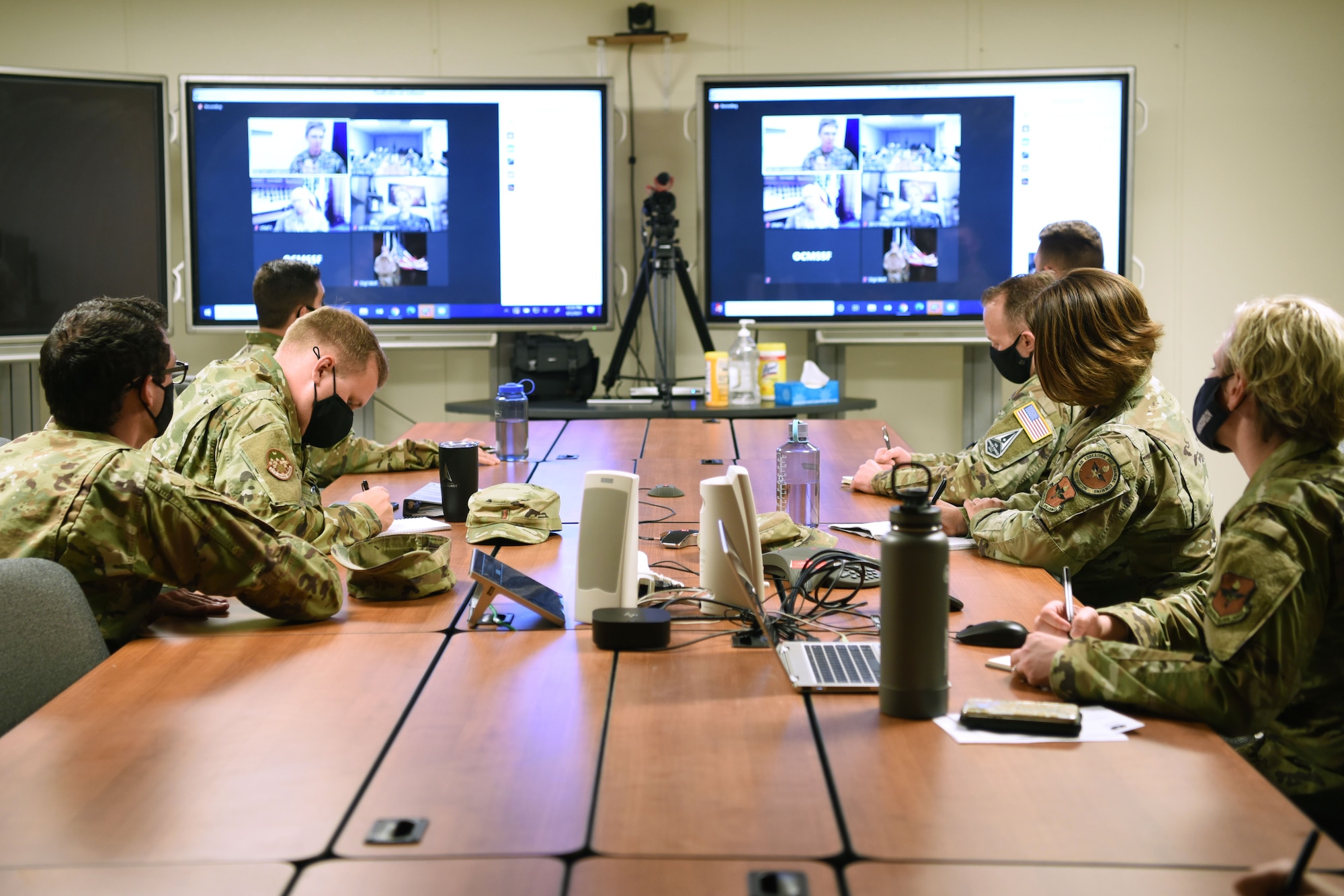 Goodfellow members video chat with U.S. Air Force Maj. Gen. Leah Lauderback, director of Intelligence, Surveillance and Reconnaissance, U.S. Space Force and U.S. Space Force Chief Master Sgt. Roger Towberman, Chief Master Sergeant of the Space Force, during a mentoring session at Goodfellow Air Force Base, Texas, April 5, 2021. The video call was held so members could ask service specific questions. (U.S. Air Force photo by Senior Airman Abbey Rieves)